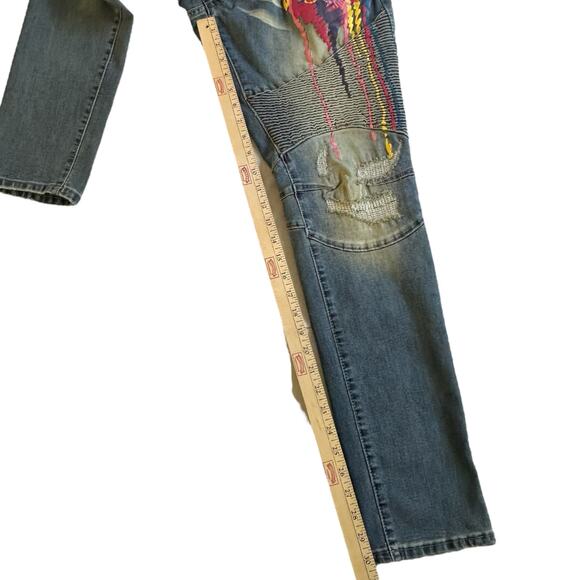 Mens Jeans Size 36/32 Streetwear Skinny Stretch Painted Eyes Colorful Graffiti - Picture 3 of 10